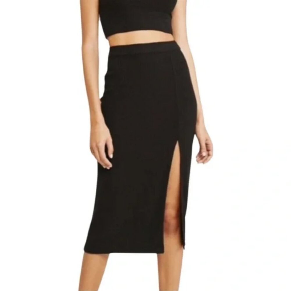 Abercrombie & Fitch Ribbed Midi Skirt Side Slit Black Size XXS
